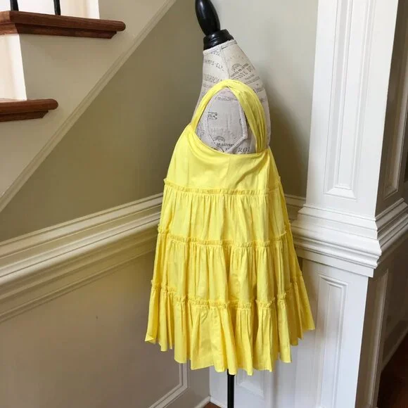 Aje Le Mempris Tiered Mini Dress Womens 4 Citrus Yellow Lemon Cotton Sleeveless